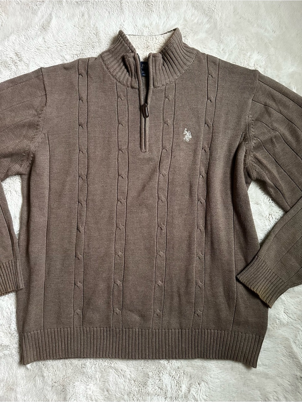 U.S. Polo Assn. Brown Cable Knit Half-Zip Sweater with Sherpa Collar